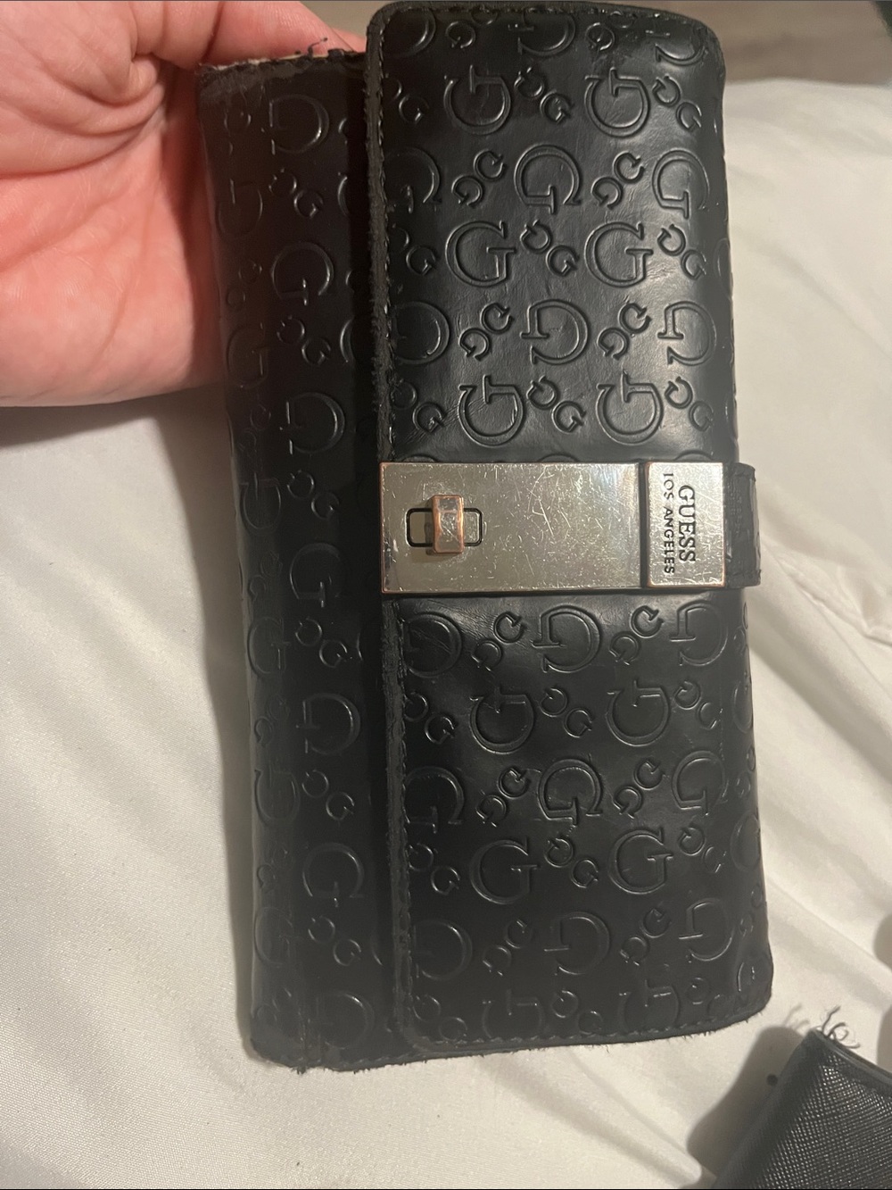 Guess Black Embossed G Logo Leather Wallet with Silver-tone Clasp